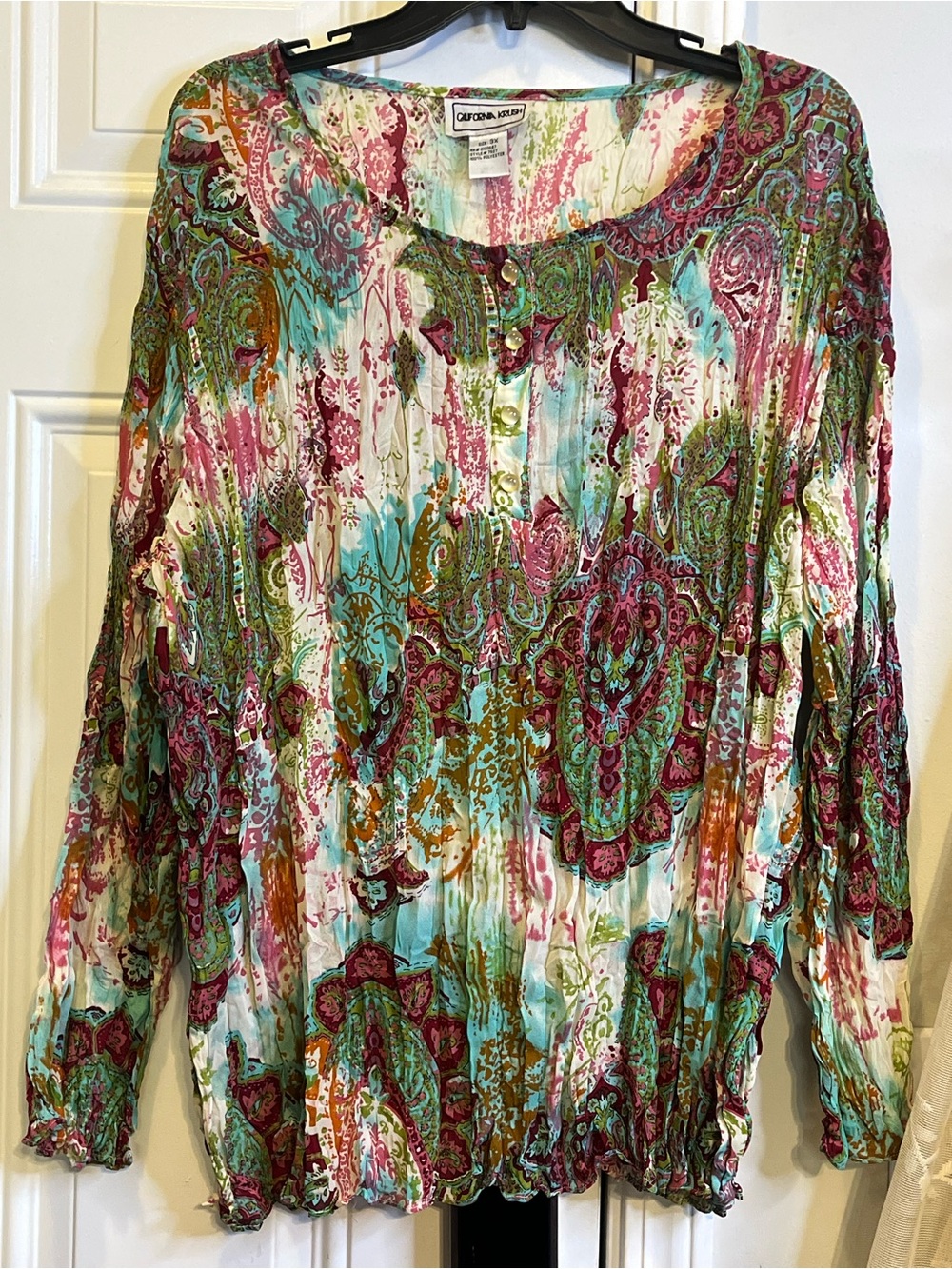 Vintage Y2K Boho California Krush Paisley Crinkle Top Womens 3X Henley Blouse
